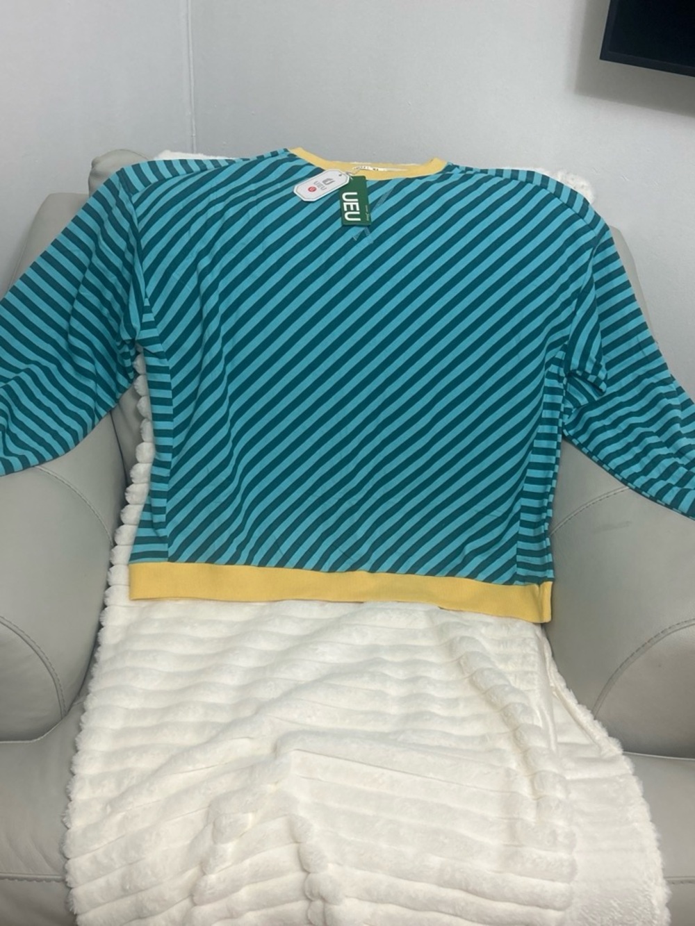 UE Teal Striped Women's Pajama Top with Yellow Trim